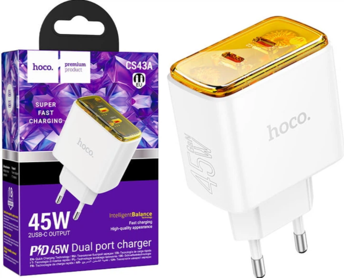 Мережевий зарядний пристрій HOCO CS43A PD 45W (2xType-C) White