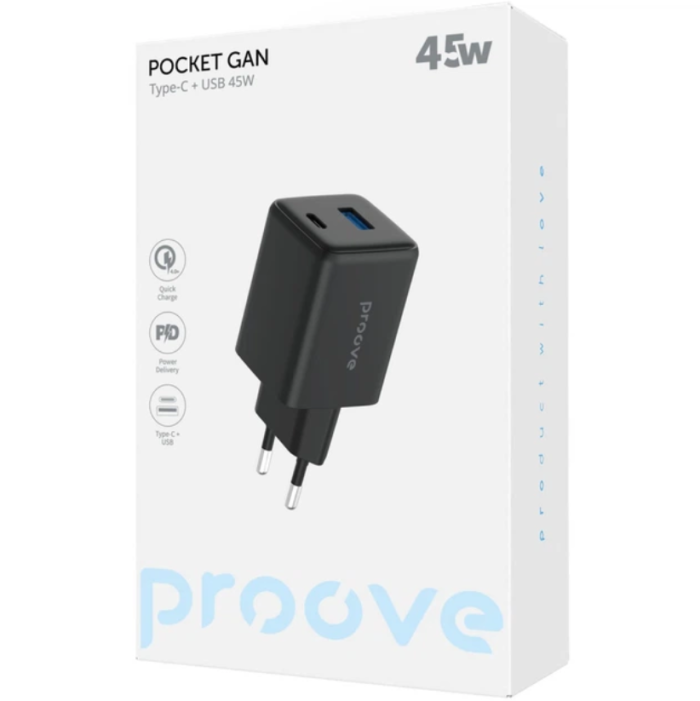 Мережевий зарядний пристрій Proove Pure GaN Plus 30W (Type-C + USB) Black