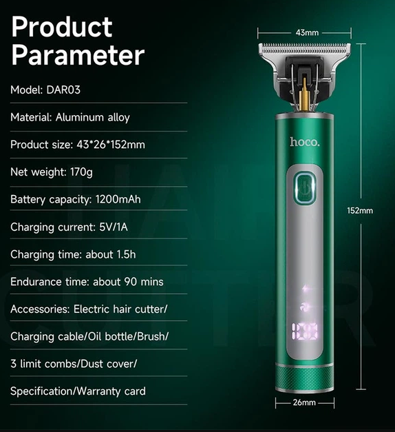 Тример для бороди та стрижки волосся Hoco DAR03 акумуляторний 3 насадки Зелений
