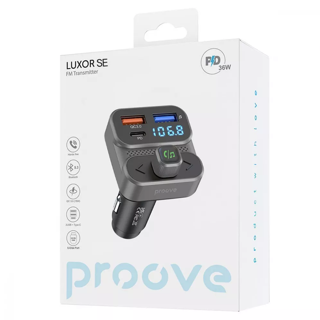 Автомобільний зарядний пристрій Proove FM Launcher Luxor SE 36W Bluetooth 5.3 Сірий