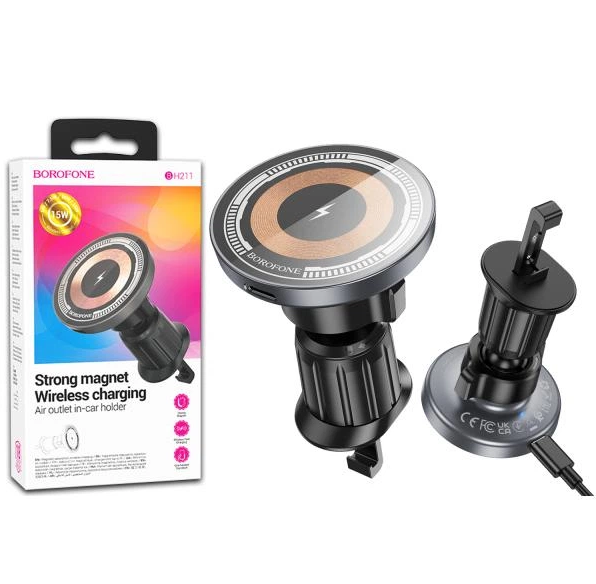 Автотримач з бездротовою зарядкою Borofone BH211 MagSafe 15W у дефлектор Чорний