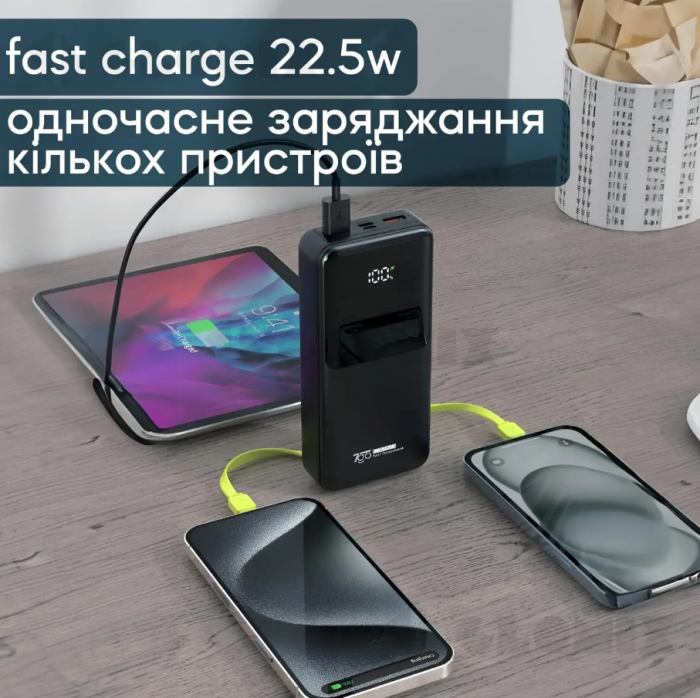 Повербанк 20000 mAh 7GO GPW-07 швидка зарядка PD 22.5W з вбудованими кабелями