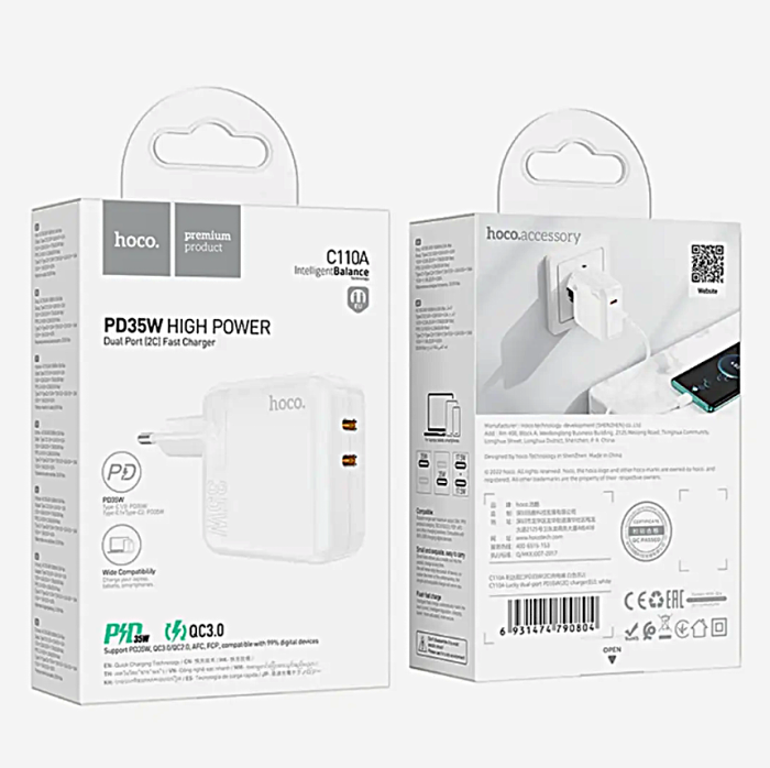 Мережевий зарядний пристрій Hoco C110A Lucky 2Type-C QC 3.0 PD35W